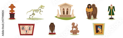 Museum Ancient Artifacts and Archaeological Exhibit Elements Vector Set