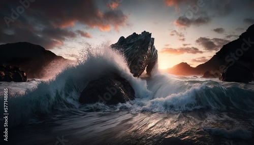 Waves crashing on rocks, generative AI