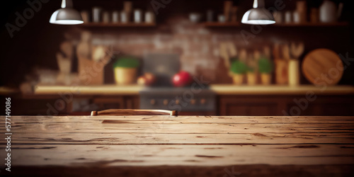 table en bois pour la présentation de produits avec arrière-plan légèrement flou. Décor intérieur d'une cuisine rustique  photo
