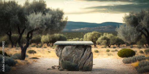 table en pierre pour la présentation de produits avec arrière-plan légèrement flou. Décor de champs d'oliviers en Provence sous le soleil photo