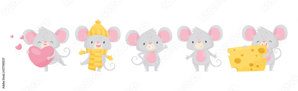 Grey Mouse Character with Huge Ears Engaged in Different Activity Vector Set Grey Mouse Character with Huge Ears Engaged in Different Activity Vector Set