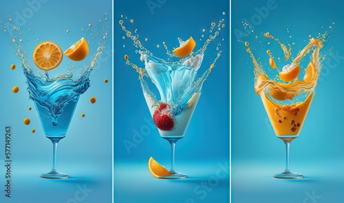  three shots of a fruit splashing into a glass of water with oranges and strawberries in it, and a blue background with a blue background.  generative ai photo