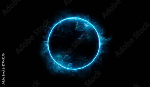 Neon blue color geometric circle on a dark background. Round mystical portal. Mockup for your logo. Futuristic smoke. Mockup for your logo.