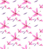 Wrapping paper made of pink delicate watercolor, vector summer, spring seasonal flowers and green leaves isolated on white background