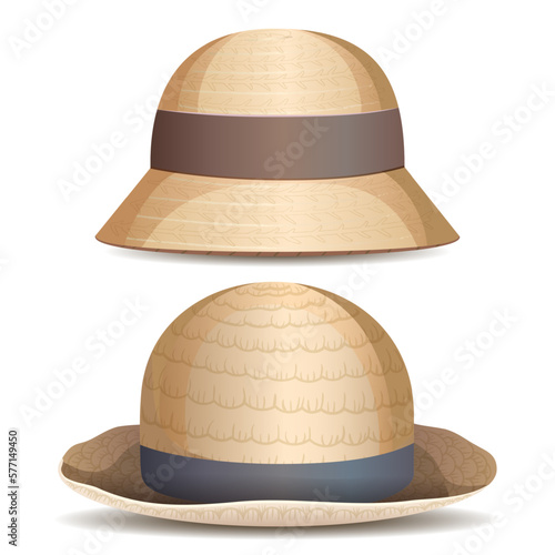 Set of women's straw hats, for trips, relaxation, sun protection and an element of clothing on a white background