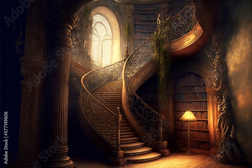 a special wooden staircase in a cozy library