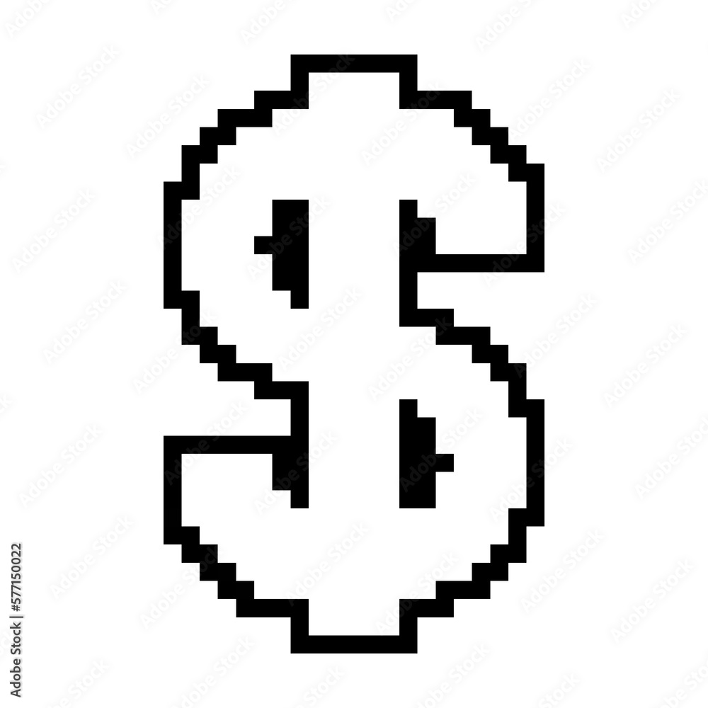 Money icon, dollar symbol icon black-white vector pixel art icon	