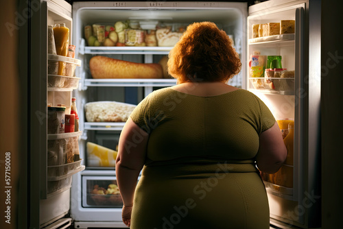 Generative Illustration Ai of a plus size woman looking at food in the fridge at home