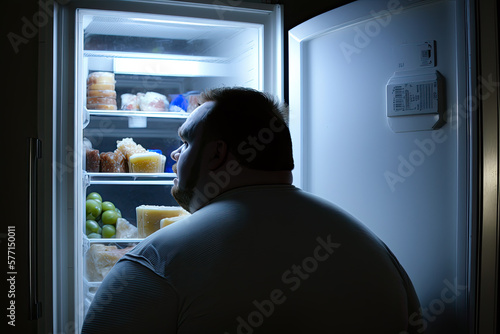 AI generative illustration of a hungry obese man looking at food in the fridge at home at night