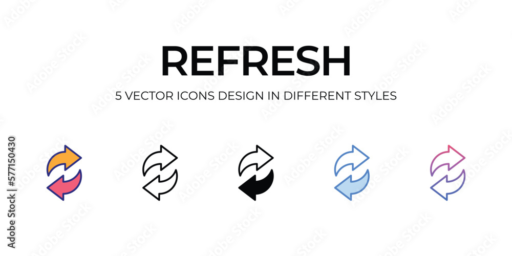 refresh Icon Design in Five style with Editable Stroke. Line, Solid, Flat Line, Duo Tone Color, and Color Gradient Line. Suitable for Web Page, Mobile App, UI, UX and GUI design. refresh Icon Design in Five style with Editable Stroke. Line, Solid, Flat Line, Duo Tone Color, and Color Gradient Line. Suitable for Web Page, Mobile App, UI, UX and GUI design.