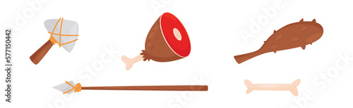 Stone Age Objects with Club, Spear, Meat and Bone Vector Set