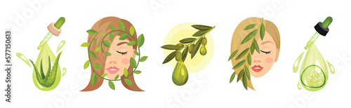 Cosmetic and Essential Oil with Pipette Drop and Woman Face Vector Set