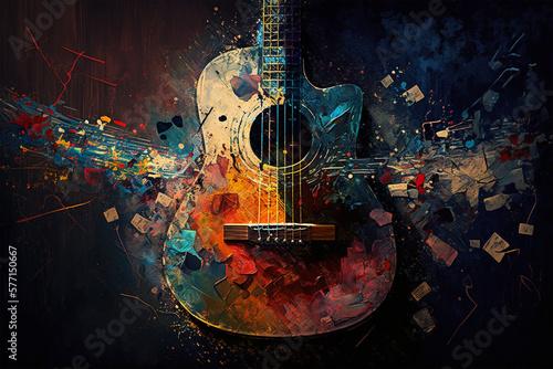 Abstract acoustic guitar painting musical instrument colorful brushes wallpaper made by generative ai photo