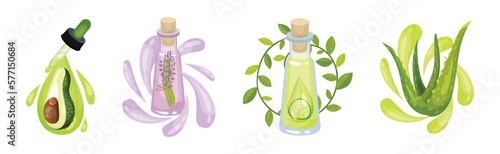 Cosmetic and Essential Oil with Pipette Drop and Vial Vector Set