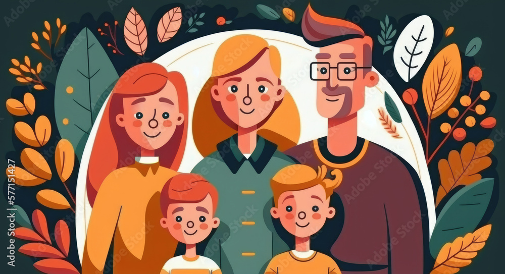 A happy family of five posing for a photo in a blooming flower garden. Generative AI A happy family of five posing for a photo in a blooming flower garden. Generative AI