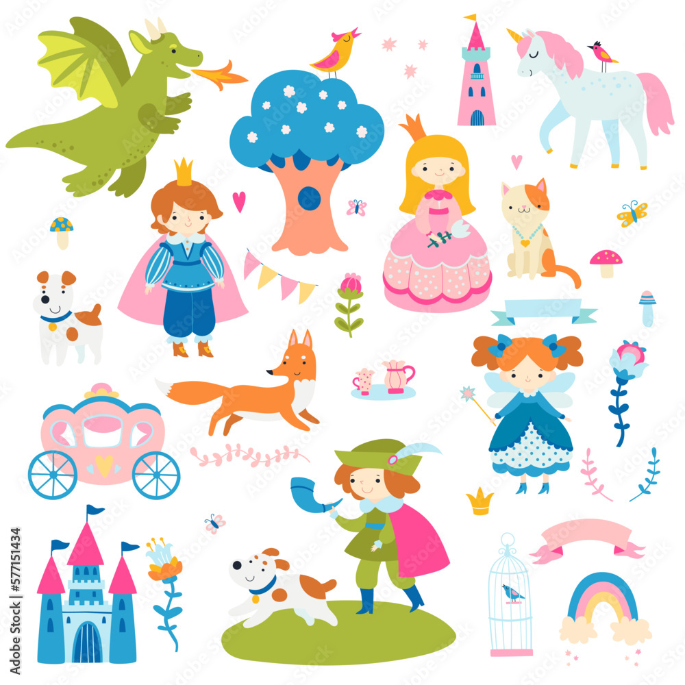 Vector flat set of fairytale characters and objects. Cartoon princess, prince, castle, dragon, unicorn and other details for children's design. Fairy tale icons collection. Vector flat set of fairytale characters and objects. Cartoon princess, prince, castle, dragon, unicorn and other details for children's design. Fairy tale icons collection.