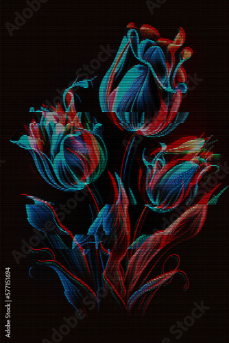 Glitched glowing neon tulips. Abstract glitch background. Cyberpunk wallpaper in a style of 80's. Futuristic concept. EPS 10. Creative graphic design for poster, brochure, flyer and card.
