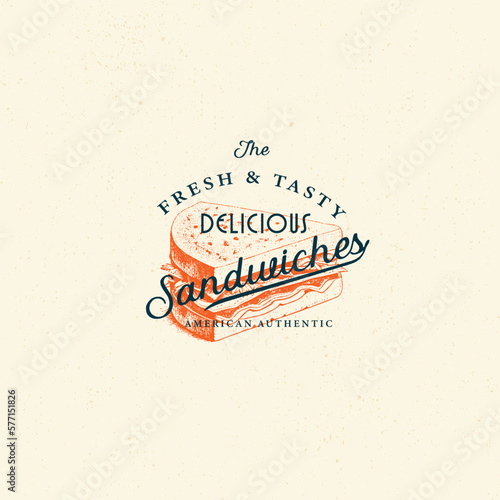 Engraving logo sandwich silhouette and modern vintage typography hand drawn style vector illustration. Fast food label for packaging and restaurant menu decoration.