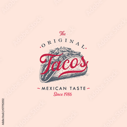 Hand drawn logo tacos silhouette and modern vintage typography retro style vector illustration. Taco tortilla label for fast food packaging and restaurant menu decoration.