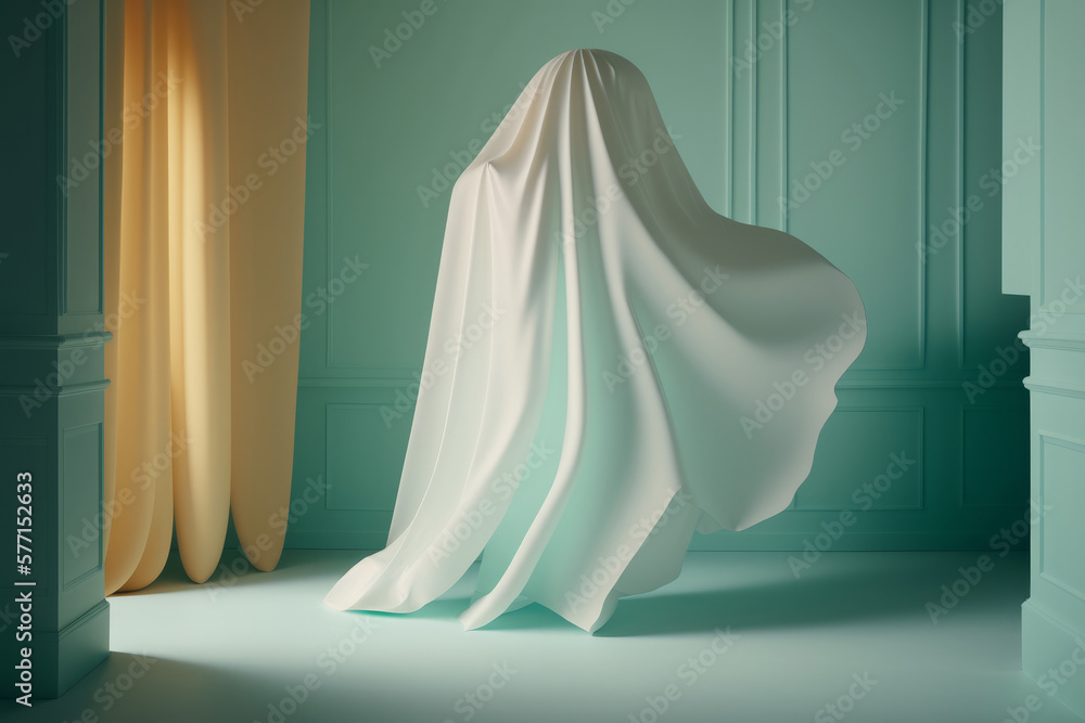 A spooky ghost figure made from a sheet in a pastel interior room. Generative ai A spooky ghost figure made from a sheet in a pastel interior room. Generative ai