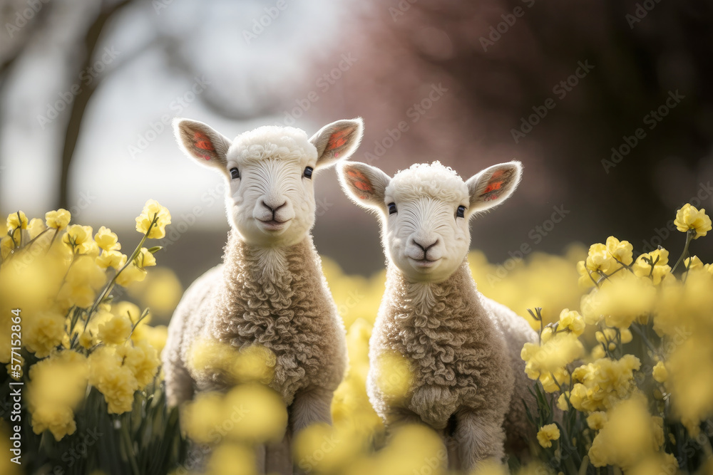 Fototapeta premium A cute baby spring lamb in a field of spring flowers. Generative ai