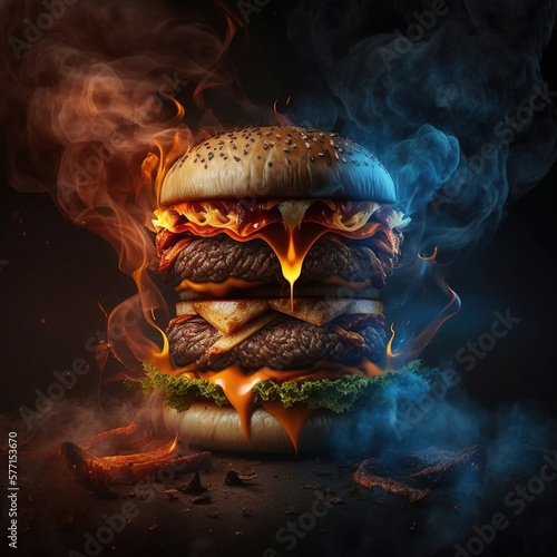 Juicy beef burger, hot and Spicy, with crispy bacon, cheese, veggies, lettuce, onion rings, fries, and fire background. A classic BBQ delight fast food