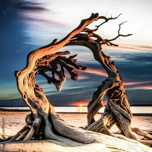 Obraz na płótnie The twisted driftwood was brought together against a backdrop of a breathtaking sunset - generative ai