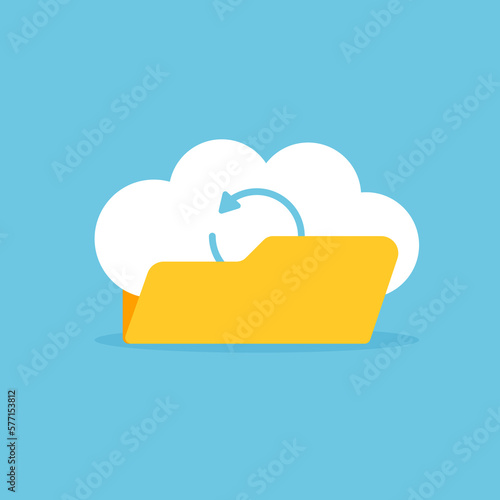 Cloud storage icon. Download process. Data transfering, exchange, backup. Vector illustration isolated on blue background.
