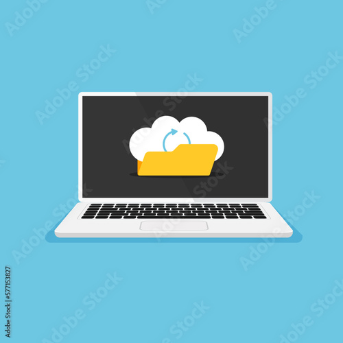 Uploading and transfer files to laptop. Cloud storage. Download process. Vector illustration isolated.	