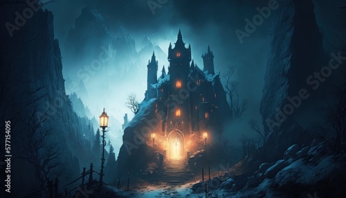 Mystical spooky halloween background with haunted castle and old lantern. Generative AI