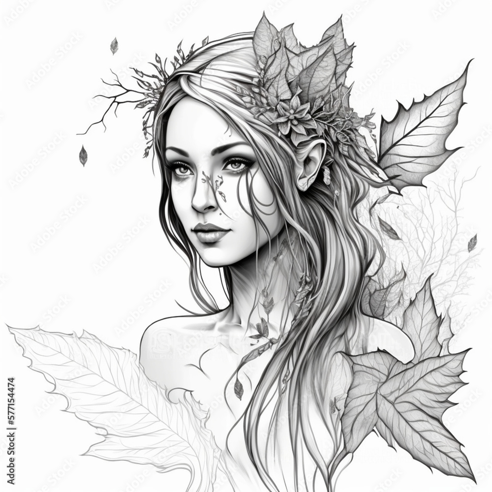 Black and White drawing a beautiful delicate woman Black and White drawing a beautiful delicate woman