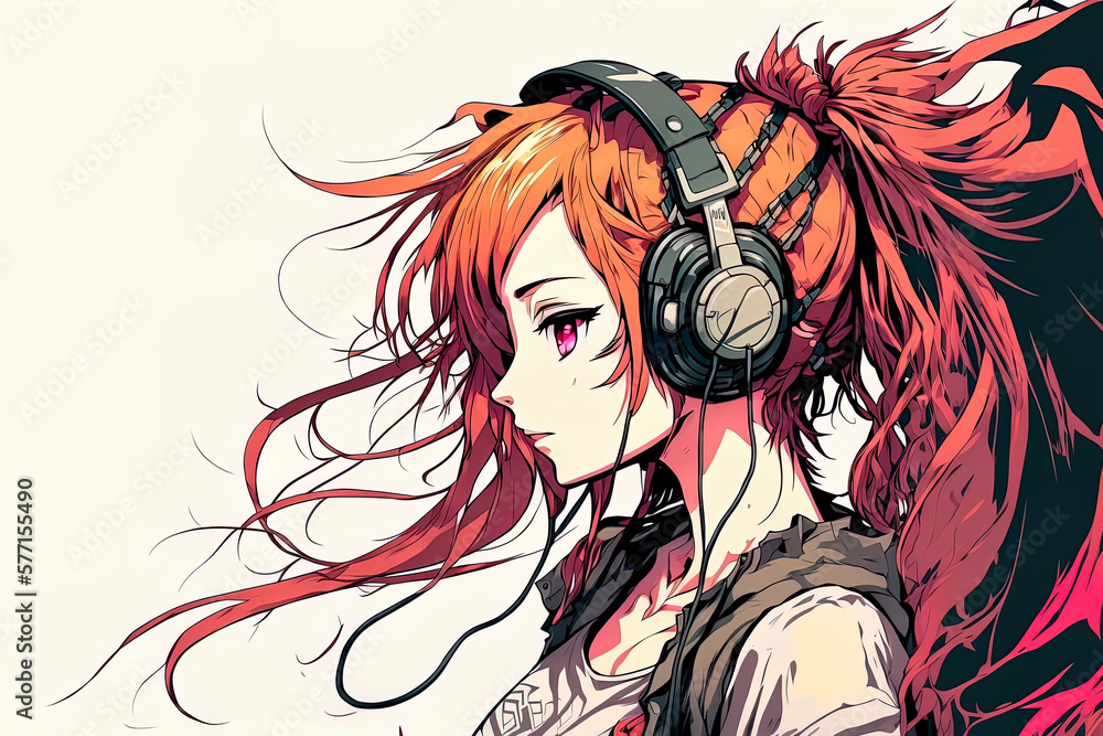 Beautiful red haired anime girl in headphones, portrait of anime girl, anime illustration