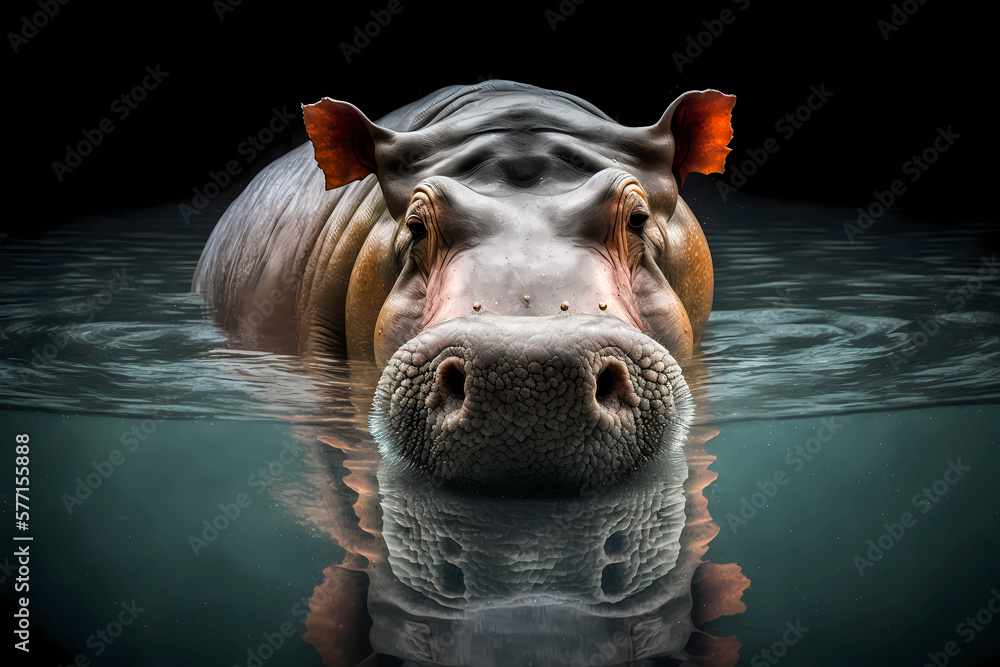 digital illustration of a hippopotamus in the water, created with generative ai - obrazy, fototapety, plakaty 