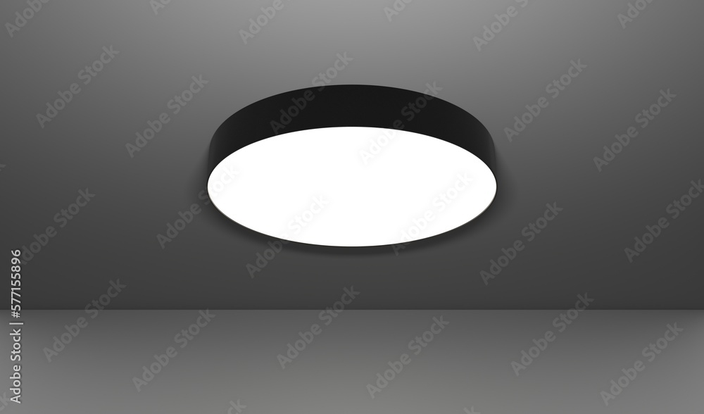 Modern round ceiling lamp, overhead electric light 3d render. Realistic interior room with black metal cylinder chandelier at night, luminaire for home or office on dark background Modern round ceiling lamp, overhead electric light 3d render. Realistic interior room with black metal cylinder chandelier at night, luminaire for home or office on dark background