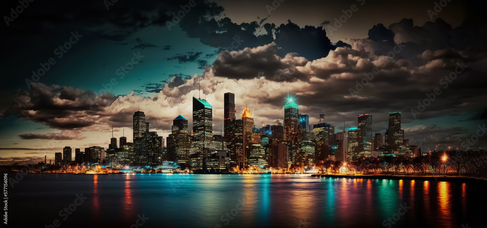 Gorgeous Night view of city skyline with picturesque reflections and sky. Night city lights. Urban cityscape skyline night scene. digital ai art