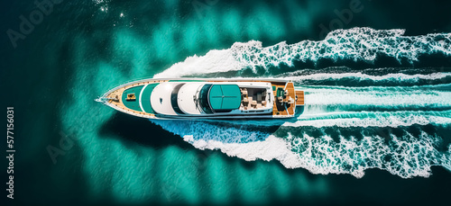 A luxurious motorboat is speeding across the blue sea, creating waves in its wake. The boat's rapid movement can be seen from an aerial perspective as it cruises over the dark water. digital art 