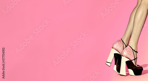 Close-up of a woman wearing high-heeled pink shoes with a platform, set against a pink background. digital ai art