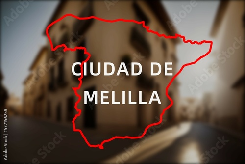 Ciudad de Melilla: Der Name der spanischen Stadt Ciudad de Melilla in der Region Melilla vor einem Hintergrundbild