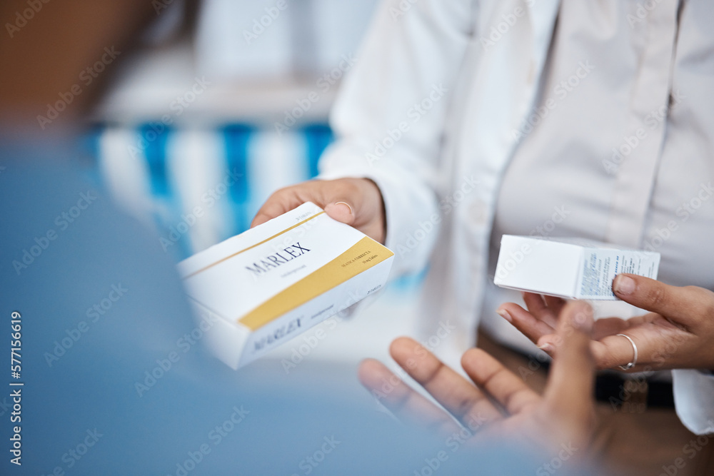 Pharmacy product, customer hands or pharmacist help man with pills choice, pharmaceutical decision or medicine box shopping. Hospital retail shop, medical healthcare support and people in drugs store - obrazy, fototapety, plakaty 