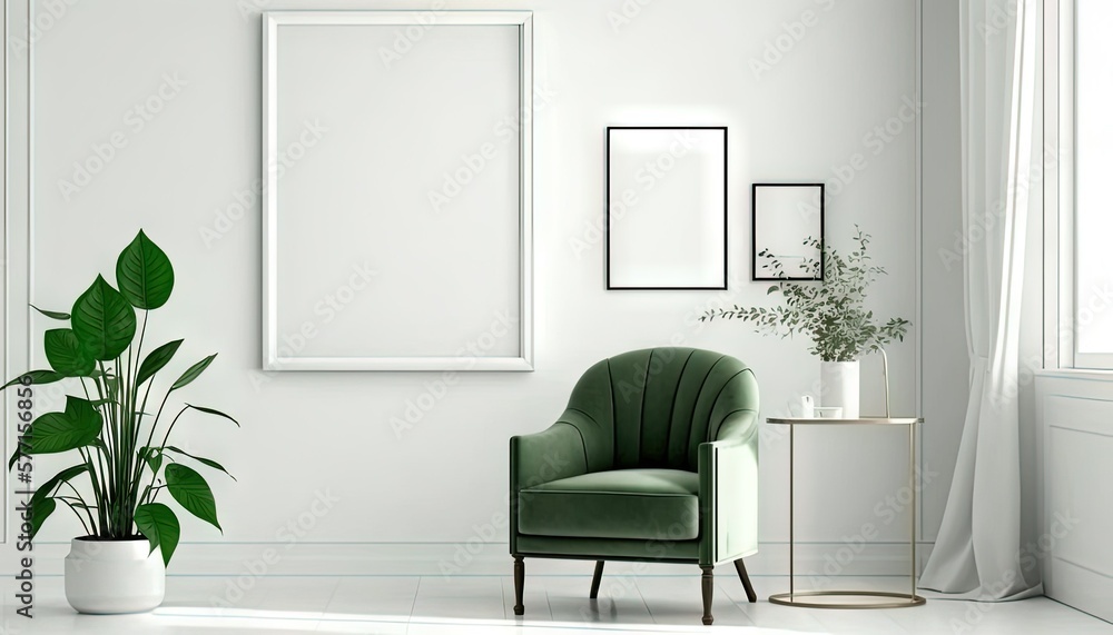 a blank frame on a white wall mockup, interior of a room, sofa and plants and frame in a modern room