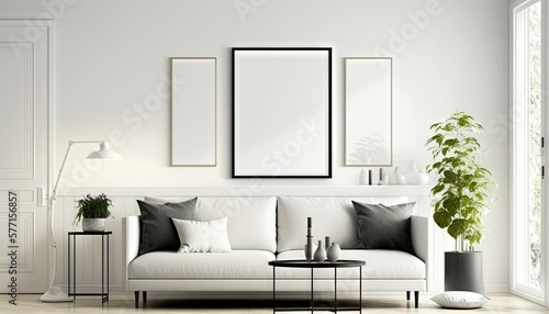 a blank frame on a white wall mockup  interior of a room  sofa and plants and frame in a modern room