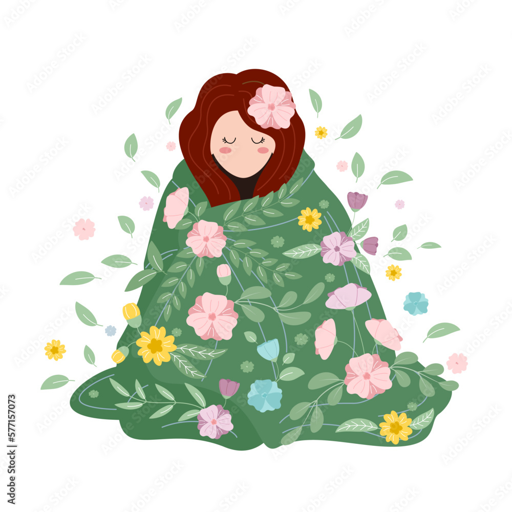 The girl in a blanket of flowers. The concept of love, spring, harmony, happiness. Vector illustration. The girl in a blanket of flowers. The concept of love, spring, harmony, happiness. Vector illustration.