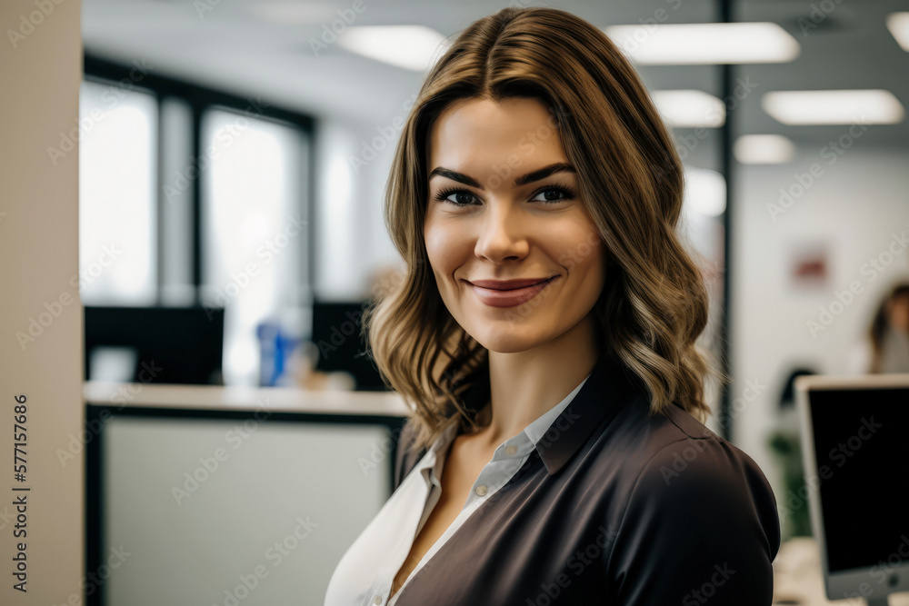 Successful business woman standing in a creative office and looking at the camera while smiling. Portrait of a beautiful business woman in a modern office. Generative AI Successful business woman standing in a creative office and looking at the camera while smiling. Portrait of a beautiful business woman in a modern office. Generative AI
