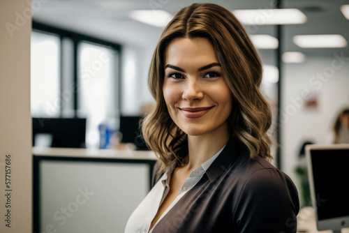 Successful business woman standing in a creative office and looking at the camera while smiling. Portrait of a beautiful business woman in a modern office. Generative AI