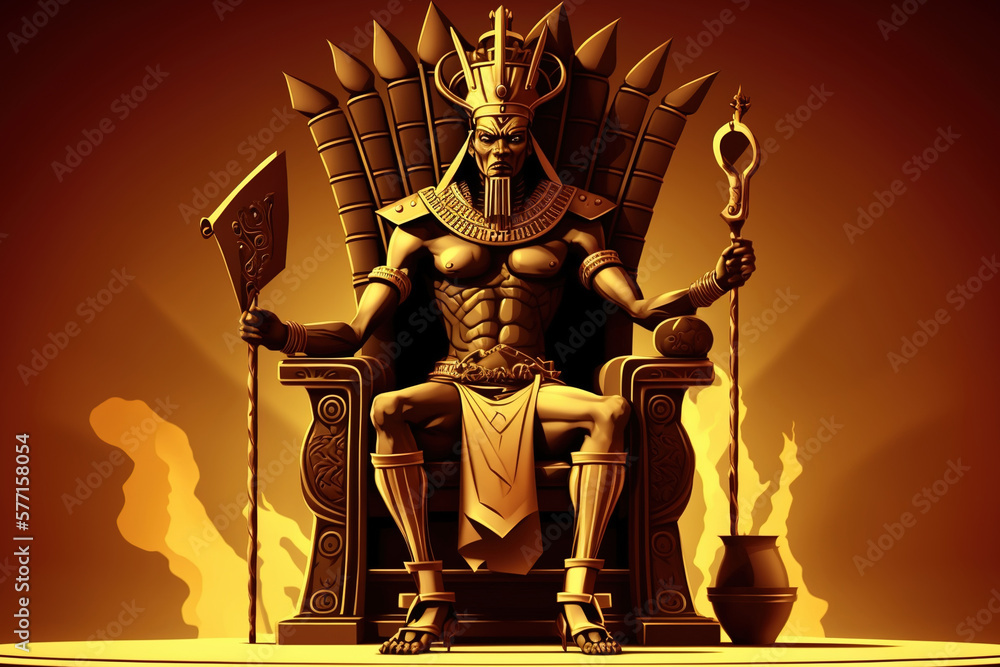 Egyptian Pharaoh Ramses, a fantasy digital art representation of an ancient Egyptian ruler, sitting on his throne. Use for King Tut, Ramses II, or others. The gold and crimson background - obrazy, fototapety, plakaty 