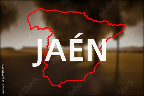 Jaén: Der Name der spanischen Stadt Jaén in der Region Andalusia vor einem Hintergrundbild photo