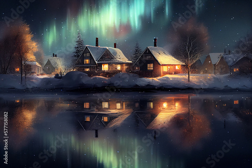 northern lights reflections on the snow snow scandinavi, generative by IA