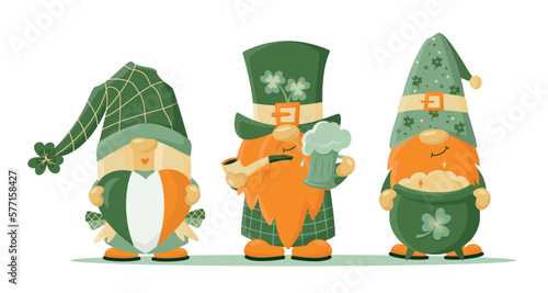 Hand drawn cute gnomes in St Patrick's disguise with pot of gold, beer mag and heart in Irish flag colours. Leprechauns with shamrock for good luck. Vector illustration for cards, shirt design, banner