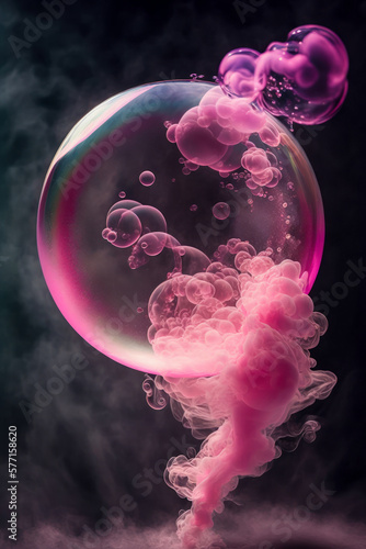 Pink smoke and bubbles on a dark background. Generative AI photo