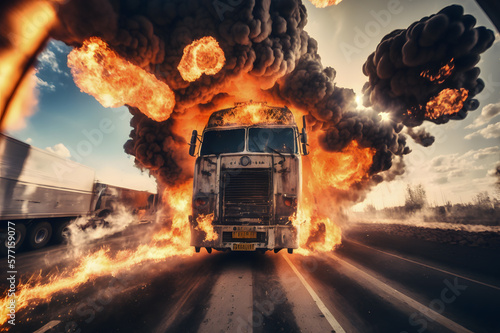 Burn truck, Car freight with oil and hazardous crashed on highway and with fire. Generation AI